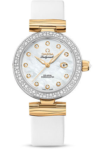 Omega De Ville Ladymatic Omega Co-Axial Watch - 34 mm Steel - Yellow Gold Case - Diamond Bezel - White Diamond Dial - White Leather Strap - 425.27.34.20.55.003
