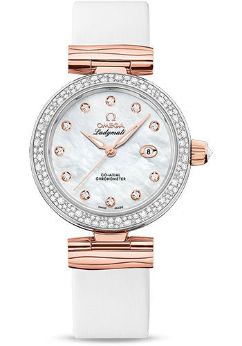 Omega De Ville Ladymatic Omega Co-Axial Watch - 34 mm Steel - Sedna Gold Case - Diamond Bezel - White Diamond Dial - White Leather Strap - 425.27.34.20.55.004