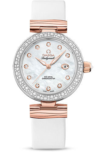 Omega De Ville Ladymatic Omega Co-Axial Watch - 34 mm Steel - Sedna Gold Case - Diamond Bezel - White Diamond Dial - White Leather Strap - 425.27.34.20.55.004
