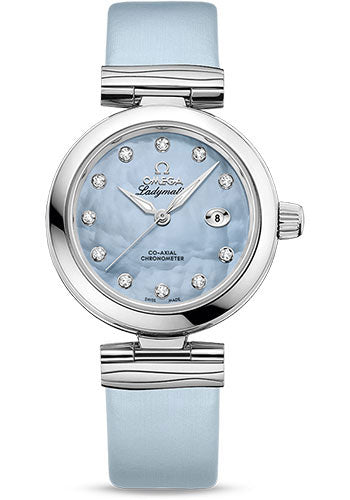 Omega De Ville Ladymatic Omega Co-Axial Watch - 34 mm Steel Case - Blue Diamond Dial - Blue Leather Strap - 425.32.34.20.57.003