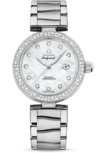 Omega De Ville Ladymatic Omega Co-Axial Watch - 34 mm Steel Case - White Diamond Dial - 425.35.34.20.55.002