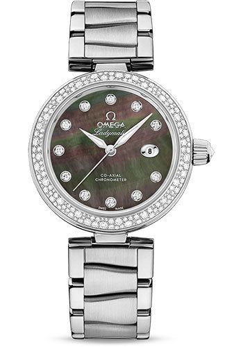 Omega De Ville Ladymatic Omega Co-Axial Watch - 34 mm Steel Case - Diamond Bezel - Black Diamond Dial - 425.35.34.20.57.004
