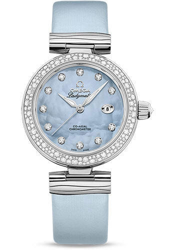 Omega De Ville Ladymatic Omega Co-Axial Watch - 34 mm Steel Case - Diamond Bezel - Blue Diamond Dial - Blue Leather Strap - 425.37.34.20.57.003