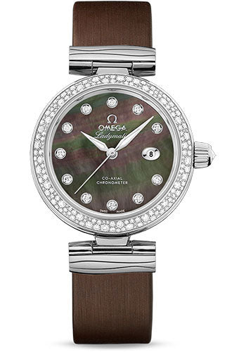Omega De Ville Ladymatic Omega Co-Axial Watch - 34 mm Steel Case - Diamond Bezel - Black Diamond Dial - Grey Leather Strap - 425.37.34.20.57.004
