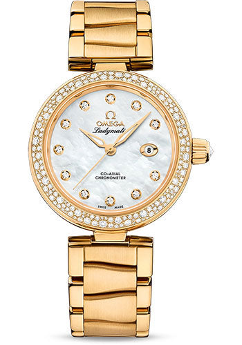 Omega De Ville Ladymatic Omega Co-Axial Watch - 34 mm Yellow Gold Case - White Diamond Dial - 425.65.34.20.55.009