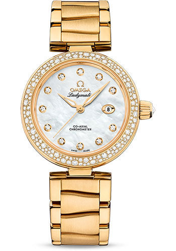 Omega De Ville Ladymatic Omega Co-Axial Watch - 34 mm Yellow Gold Case - White Diamond Dial - 425.65.34.20.55.009
