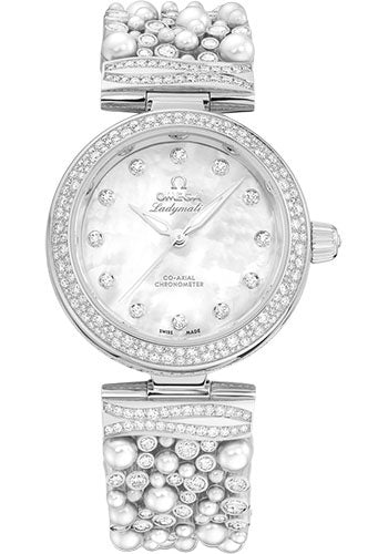 Omega De Ville Ladymatic Omega Co-Axial - 34 mm White Gold Case - Diamond Bezel - White Pearled Mother-Of-Pearl Diamond Dial - 425.65.34.20.55.013