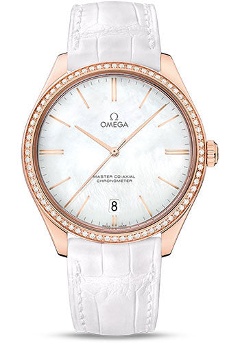 Omega De Ville Tresor Omega Master Co-Axial Watch - 40 mm Sedna Gold Case - Diamond Bezel - White Dial - White Leather Strap - 432.58.40.21.05.001