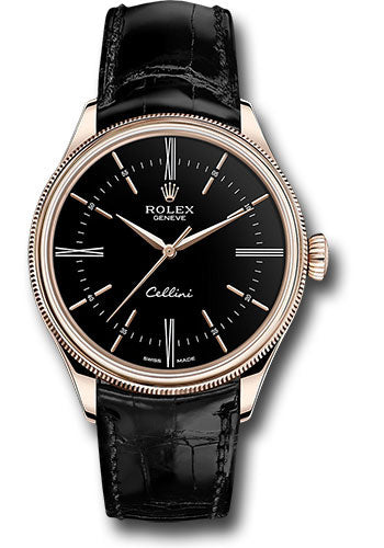 Rolex Cellini Time Watch - Everose Gold - Black Dial - Black Leather Strap - 50505 bkbk