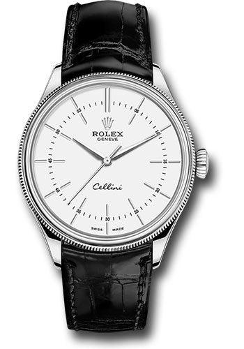 Rolex Cellini Time Watch - White Gold - White Dial - Black Leather Strap - 50509 wbk