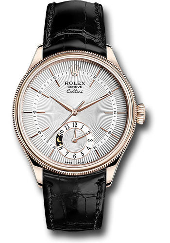 Rolex Cellini Dual Time Watch - Everose - Silver Dial - Black Leather Strap - 50525 sbk