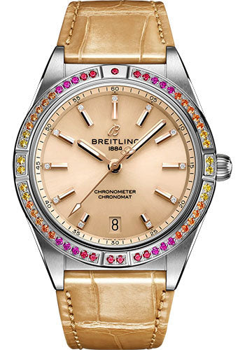 Breitling Chronomat Automatic 36 South Sea Watch - Stainless Steel (Gem-set) - Beige Dial - Beige Alligator Leather Strap - Folding Buckle - A10380611A1P1