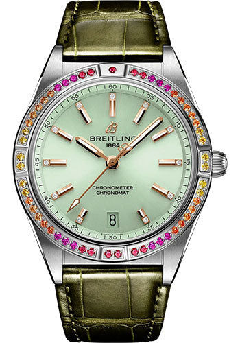 Breitling Chronomat Automatic 36 South Sea Watch - Stainless Steel (Gem-set) - Mint Green Dial - Green Alligator Leather Strap - Folding Buckle - A10380611L1P1