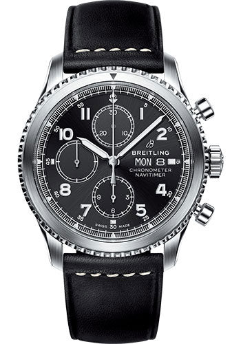 Breitling Aviator 8 Chronograph 43 Watch - Steel Case - Black Dial - Black Leather Strap - A13314101B1X1