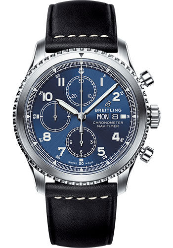 Breitling Aviator 8 Chronograph 43 Watch - Steel Case - Blue Dial - Black Leather Strap - A13314101C1X1