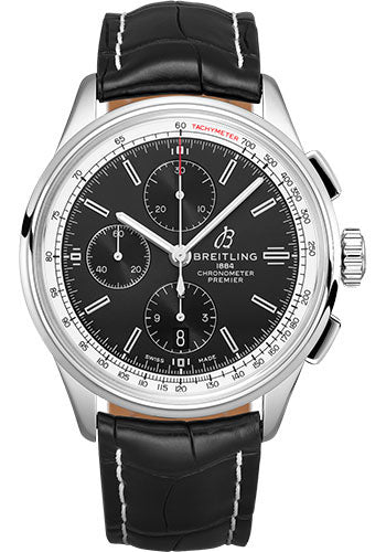 Breitling Premier Chronograph Watch - 42mm Steel Case - Black Dial - Black Croco Strap - A13315351B1P1