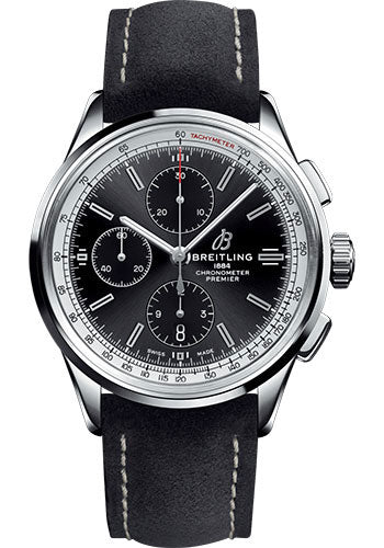 Breitling Premier Chronograph Watch - 42mm Steel Case - Black Dial - Anthracite Nubuck Strap - A13315351B1X1