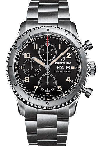 Breitling Aviator 8 Chronograph 43 Watch - Stainless Steel - Black Dial - Metal Bracelet - A13316101B1A1