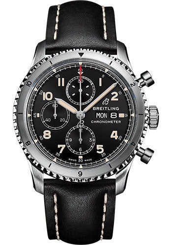 Breitling Aviator 8 Chronograph 43 Watch - Stainless Steel - Black Dial - Black Calfskin Leather Strap - Tang Buckle - A13316101B1X1