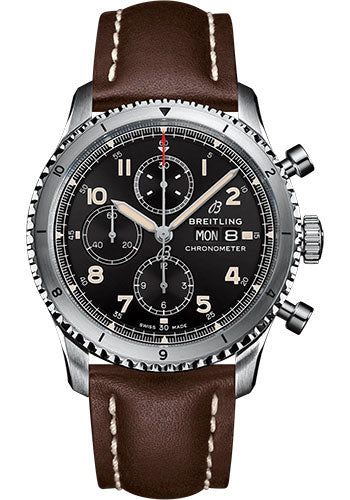 Breitling Aviator 8 Chronograph 43 Watch - Stainless Steel - Black Dial - Brown Calfskin Leather Strap - Folding Buckle - A13316101B1X4