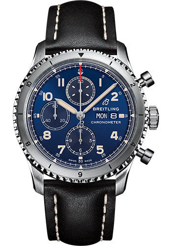 Breitling Aviator 8 Chronograph 43 Watch - Stainless Steel - Blue Dial - Black Calfskin Leather Strap - Folding Buckle - A13316101C1X3