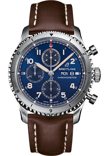 Breitling Aviator 8 Chronograph 43 Watch - Stainless Steel - Blue Dial - Brown Calfskin Leather Strap - Folding Buckle - A13316101C1X4