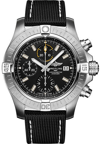 Breitling Avenger Chronograph 45 Watch - Stainless Steel - Black Dial - Anthracite Calfskin Leather Strap - Tang Buckle - A13317101B1X1