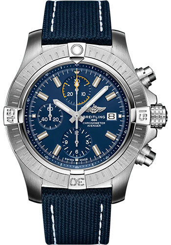 Breitling Avenger Chronograph 45 Watch - Stainless Steel - Blue Dial - Blue Calfskin Leather Strap - Tang Buckle - A13317101C1X1