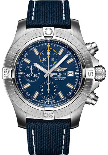 Breitling Avenger Chronograph 45 Watch - Stainless Steel - Blue Dial - Blue Calfskin Leather Strap - Folding Buckle - A13317101C1X2