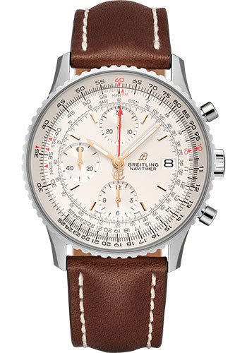 Breitling Navitimer Chronograph 41 Watch - Steel - Mercury Silver Dial - Brown Leather Strap - Folding Buckle - A13324121G1X3