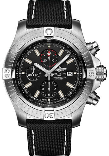 Breitling Super Avenger Chronograph 48 Watch - Stainless Steel - Black Dial - Anthracite Calfskin Leather Strap - Tang Buckle - A13375101B1X1