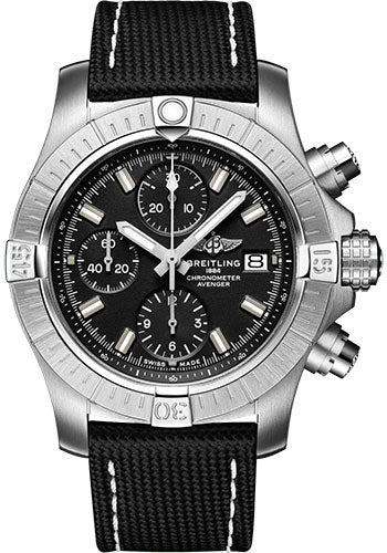 Breitling Avenger Chronograph 43 Watch - Stainless Steel - Black Dial - Anthracite Calfskin Leather Strap - Tang Buckle - A13385101B1X1