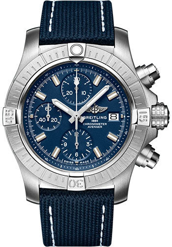 Breitling Avenger Chronograph 43 Watch - Stainless Steel - Blue Dial - Blue Calfskin Leather Strap - Tang Buckle - A13385101C1X1