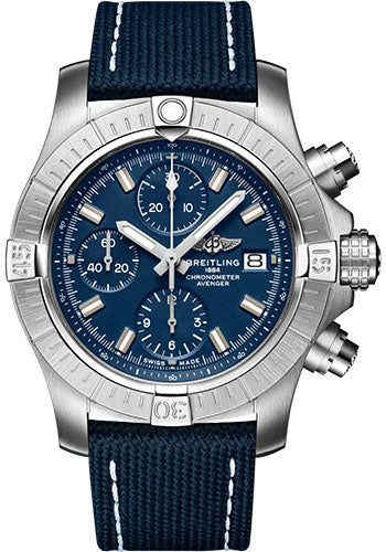 Breitling Avenger Chronograph 43 Watch - Stainless Steel - Blue Dial - Blue Calfskin Leather Strap - Folding Buckle - A13385101C1X2