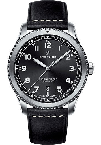 Breitling Aviator 8 Automatic 41 Watch - Steel Case - Black Dial - Black Leather Strap - A17314101B1X1