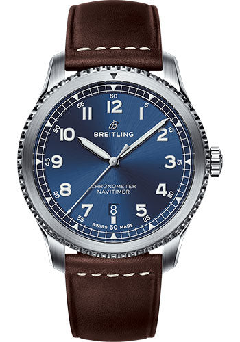Breitling Aviator 8 Automatic 41 Watch - Steel Case - Blue Dial - Brown Leather Strap - A17314101C1X1