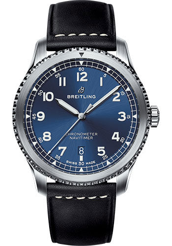 Breitling Aviator 8 Automatic 41 Watch - Steel Case - Blue Dial - Black Leather Strap - A17314101C1X2
