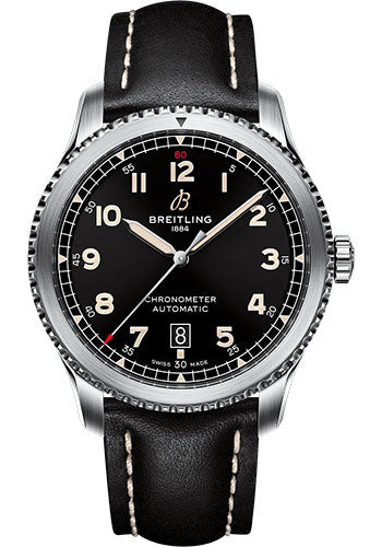 Breitling Aviator 8 Automatic 41 Watch - Stainless Steel - Black Dial - Black Calfskin Leather Strap - Tang Buckle - A17315101B1X1