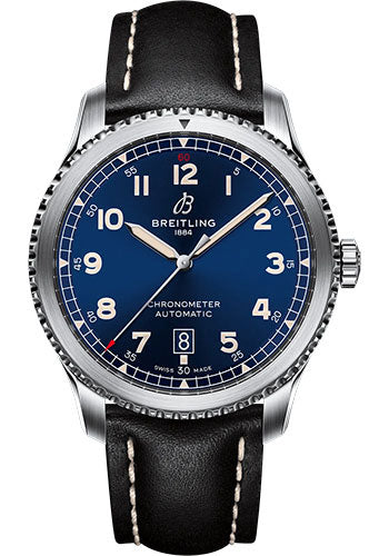 Breitling Aviator 8 Automatic 41 Watch - Stainless Steel - Blue Dial - Black Calfskin Leather Strap - Tang Buckle - A17315101C1X2