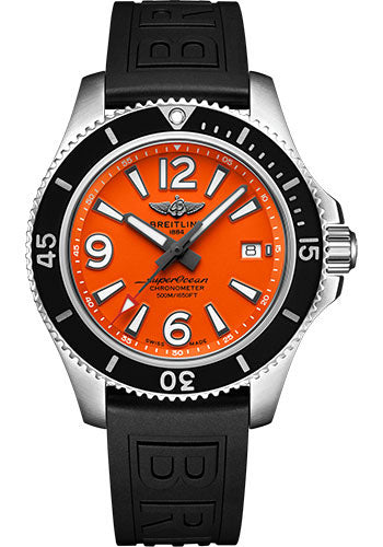 Breitling Superocean Automatic 42 Watch - Steel - Orange Dial - Black Diver Pro III Strap - Tang Buckle - A17366D71O1S1