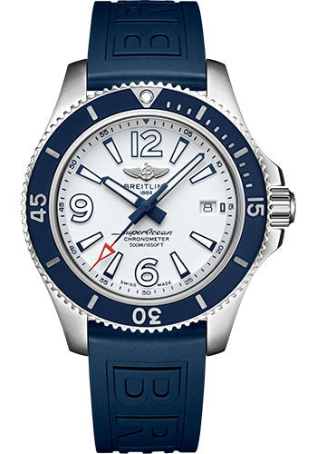 Breitling Superocean Automatic 42 Watch - Steel - White Dial - Blue Diver Pro III Strap - Tang Buckle - A17366D81A1S1
