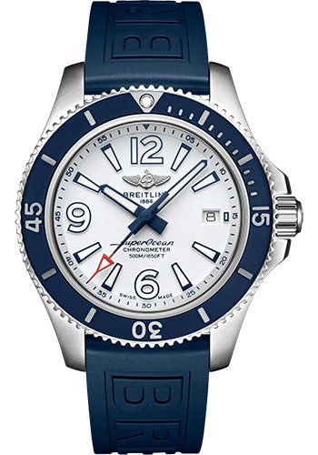 Breitling Superocean Automatic 42 Watch - Stainless Steel - White Dial - Blue Rubber Strap - Folding Buckle - A17366D81A1S2