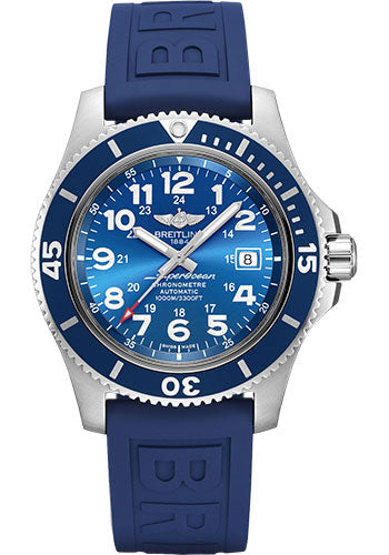 Breitling Superocean II 44 Watch - Steel - Gun Blue Dial - Blue Rubber Strap - Tang Buckle - A17392D81C1S1