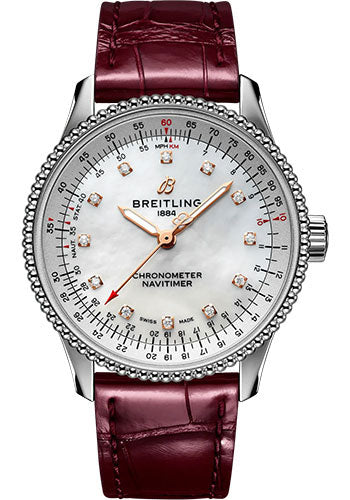 Breitling Navitimer Automatic 35 Watch - Stainless Steel - Mother-Of-Pearl Dial - Burgundy Alligator Leather Strap - Folding Buckle - A17395211A1P2