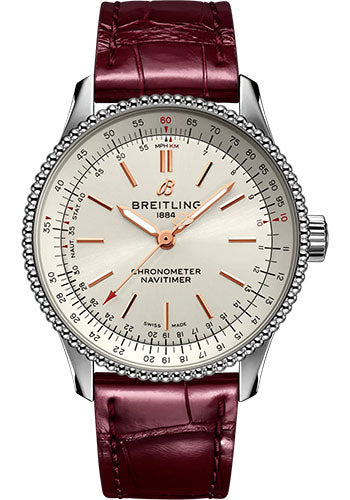 Breitling Navitimer Automatic 35 Watch - Stainless Steel - Silver Dial - Burgundy Alligator Leather Strap - Tang Buckle - A17395F41G1P1