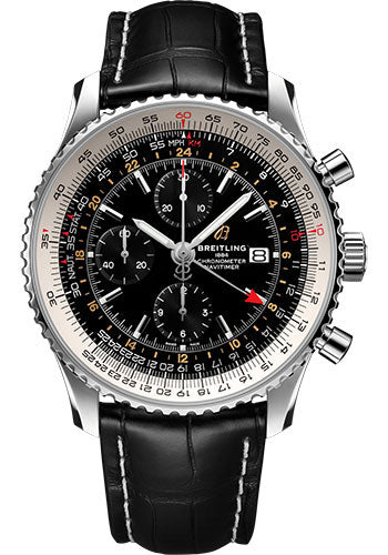 Breitling Navitimer Chronograph GMT 46 Watch - Steel - Black Dial - Black Croco Strap - Tang Buckle - A24322121B2P1