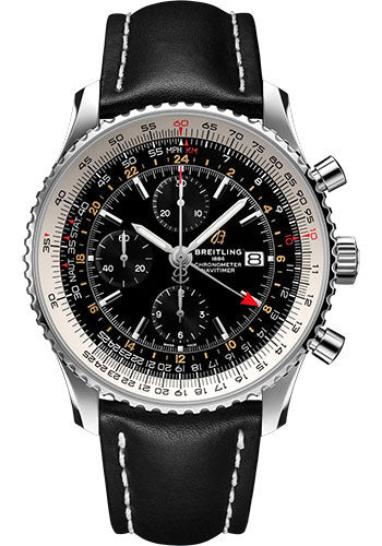 Breitling Navitimer Chronograph GMT 46 Watch - Stainless Steel - Black Dial - Black Calfskin Leather Strap - Folding Buckle - A24322121B2X2