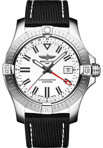 Breitling Avenger Automatic GMT 43 Watch - Stainless Steel - White Dial - Anthracite Calfskin Leather Strap - Folding Buckle - A32397101A1X2