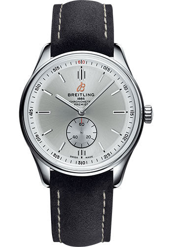 Breitling Premier Automatic Watch - 40mm Steel Case - Silver Dial - Anthracite Nubuck Strap - A37340351G1X1