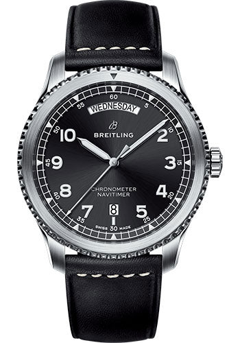 Breitling Aviator 8 Automatic Day & Date 41 Watch - Steel Case - Black Dial - Black Leather Strap - A45330101B1X1